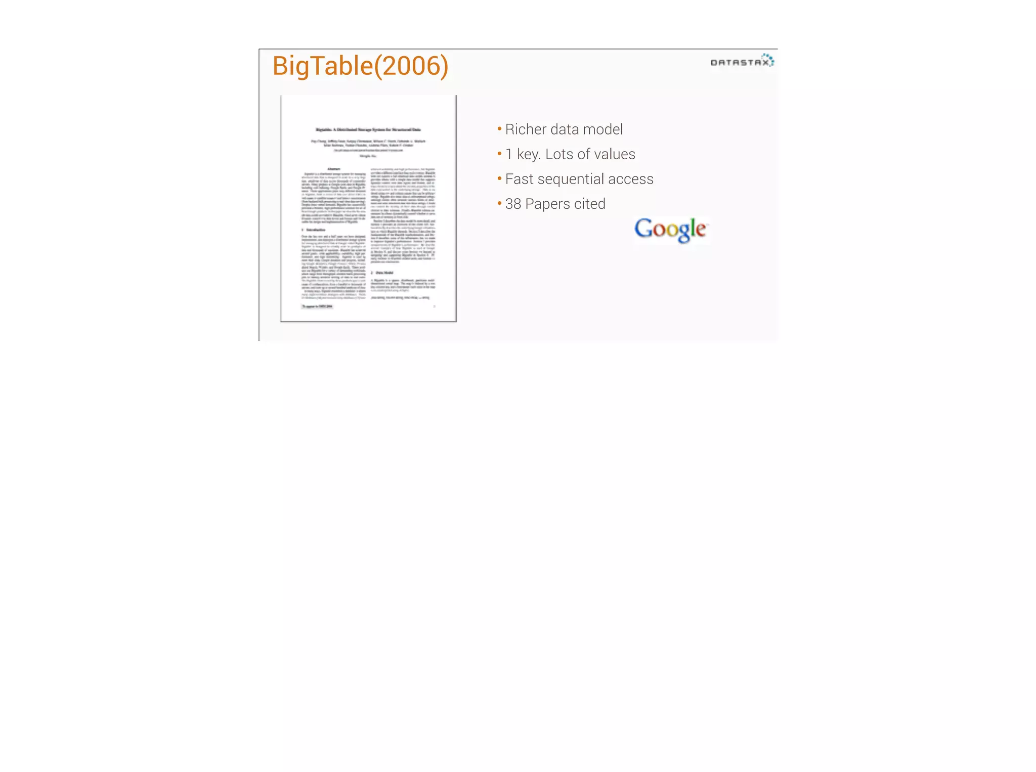BigTable(2006)
• Richer data model
• 1 key. Lots of values
• Fast sequential access
• 38 Papers cited

 