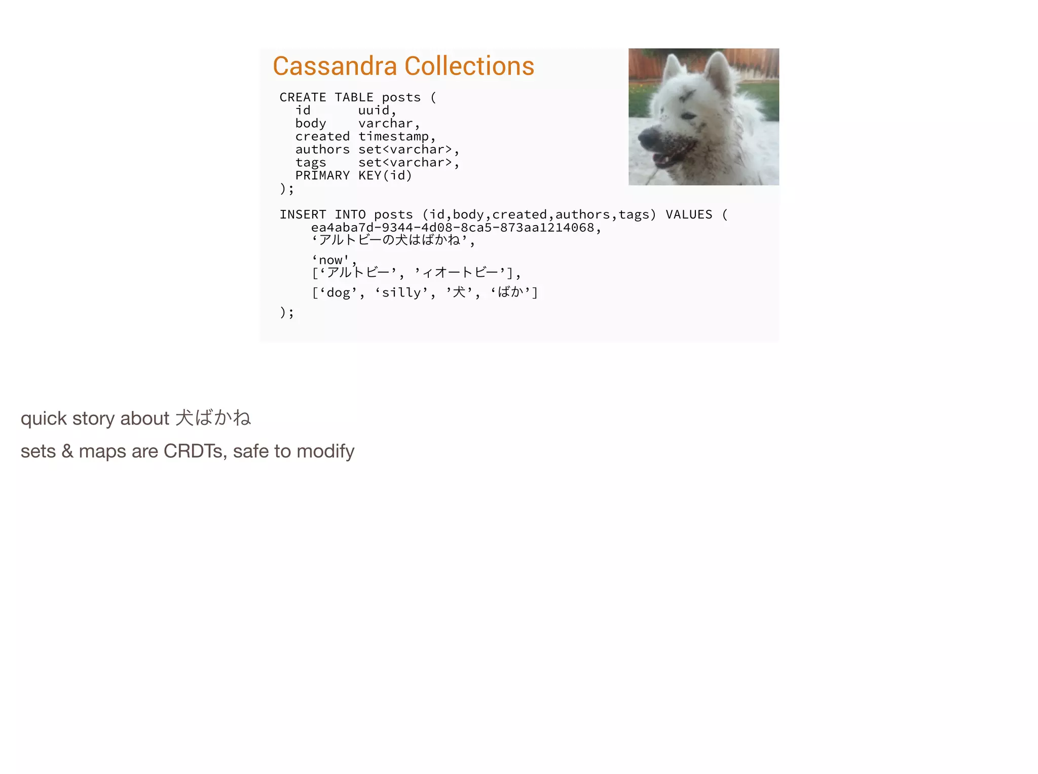 Cassandra Collections
CREATE TABLE posts (
id
uuid,
body
varchar,
created timestamp,
authors set<varchar>,
tags
set<varchar>,
PRIMARY KEY(id)
);
!

INSERT INTO posts (id,body,created,authors,tags) VALUES (
ea4aba7d-9344-4d08-8ca5-873aa1214068,
‘アルトビーの犬はばかね’,
‘now',
[‘アルトビー’, ’ィオートビー’],
[‘dog’, ‘silly’, ’犬’, ‘ばか’]
);

quick story about 犬ばかね

sets & maps are CRDTs, safe to modify


 
