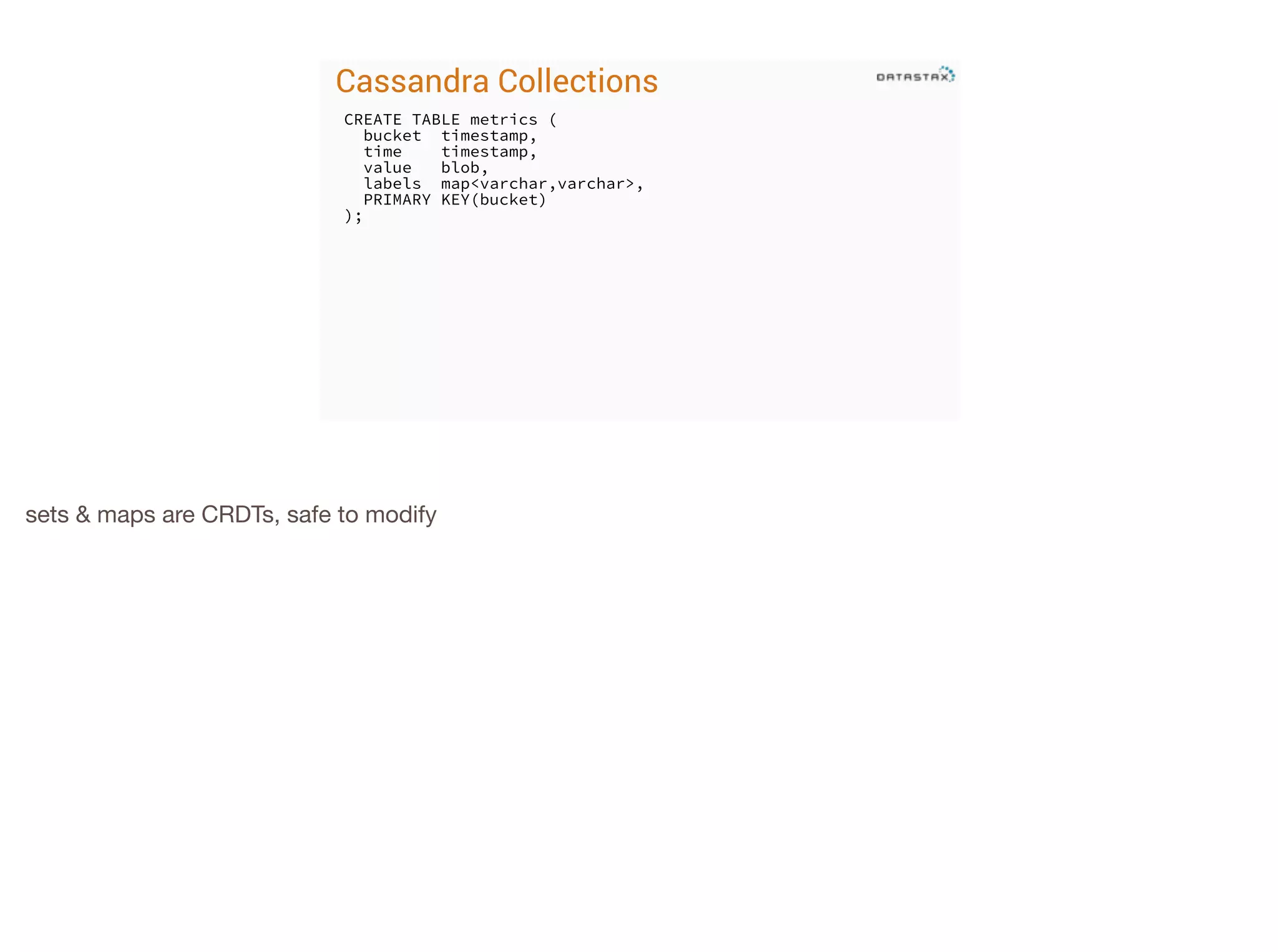 Cassandra Collections
CREATE TABLE metrics (
bucket timestamp,
time
timestamp,
value
blob,
labels map<varchar,varchar>,
PRIMARY KEY(bucket)
);

sets & maps are CRDTs, safe to modify


 