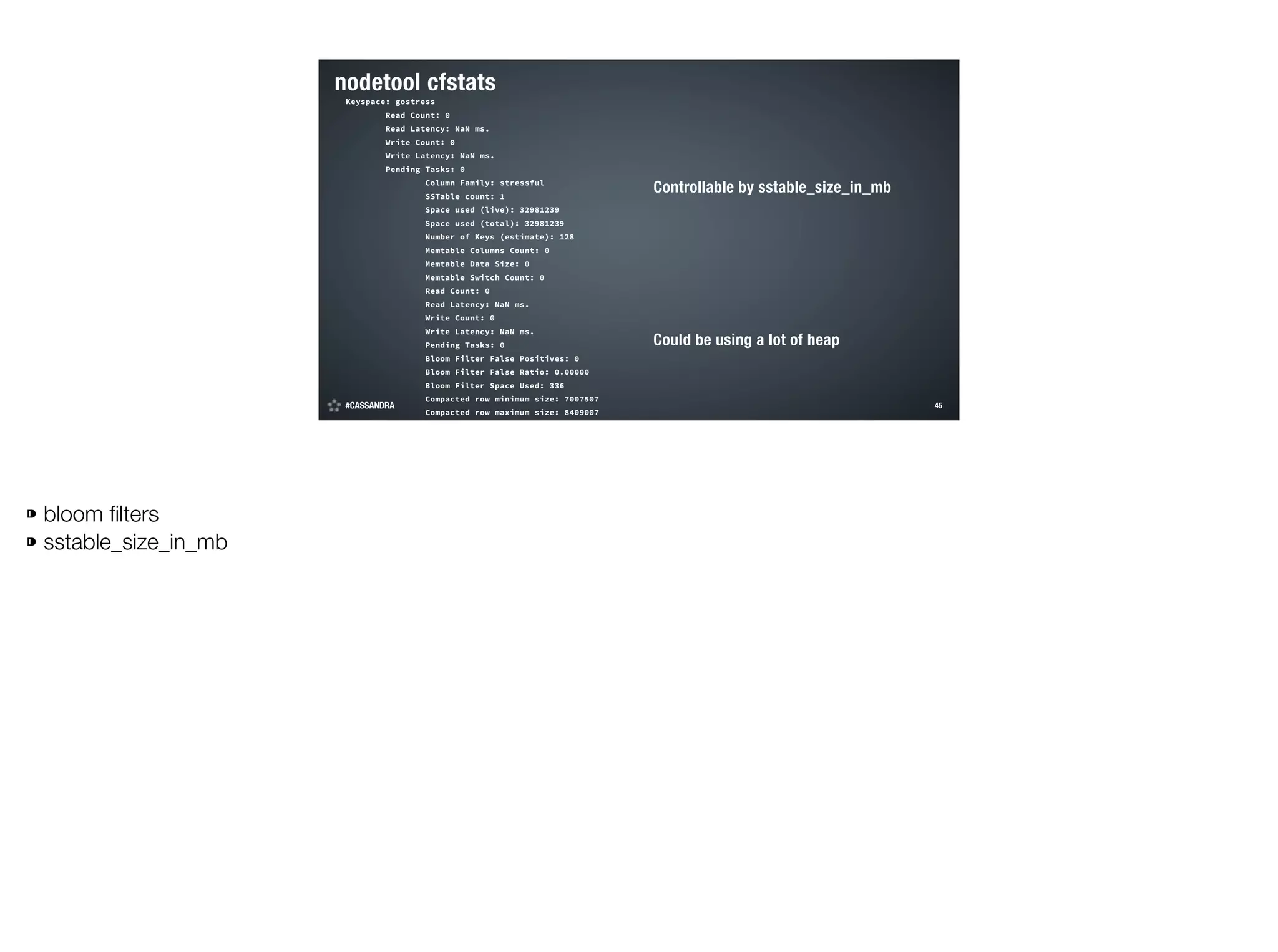 nodetool cfstats
Keyspace: gostress
Read Count: 0
Read Latency: NaN ms.
Write Count: 0
Write Latency: NaN ms.
Pending Tasks: 0
Column Family: stressful
SSTable count: 1

Controllable by sstable_size_in_mb

Space used (live): 32981239
Space used (total): 32981239
Number of Keys (estimate): 128
Memtable Columns Count: 0
Memtable Data Size: 0
Memtable Switch Count: 0
Read Count: 0
Read Latency: NaN ms.
Write Count: 0
Write Latency: NaN ms.
Pending Tasks: 0

Could be using a lot of heap

Bloom Filter False Positives: 0
Bloom Filter False Ratio: 0.00000
Bloom Filter Space Used: 336

#CASSANDRA
©2014 DataStax

Compacted row minimum size: 7007507
Compacted row maximum size: 8409007
Compacted row mean size: 8409007

⁍ bloom ﬁlters
⁍ sstable_size_in_mb

!45

 