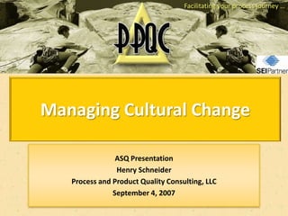 Facilitating your process journey …




Managing Cultural Change

                ASQ Presentation
                Henry Schneider
   Process and Product Quality Consulting, LLC
               September 4, 2007
 