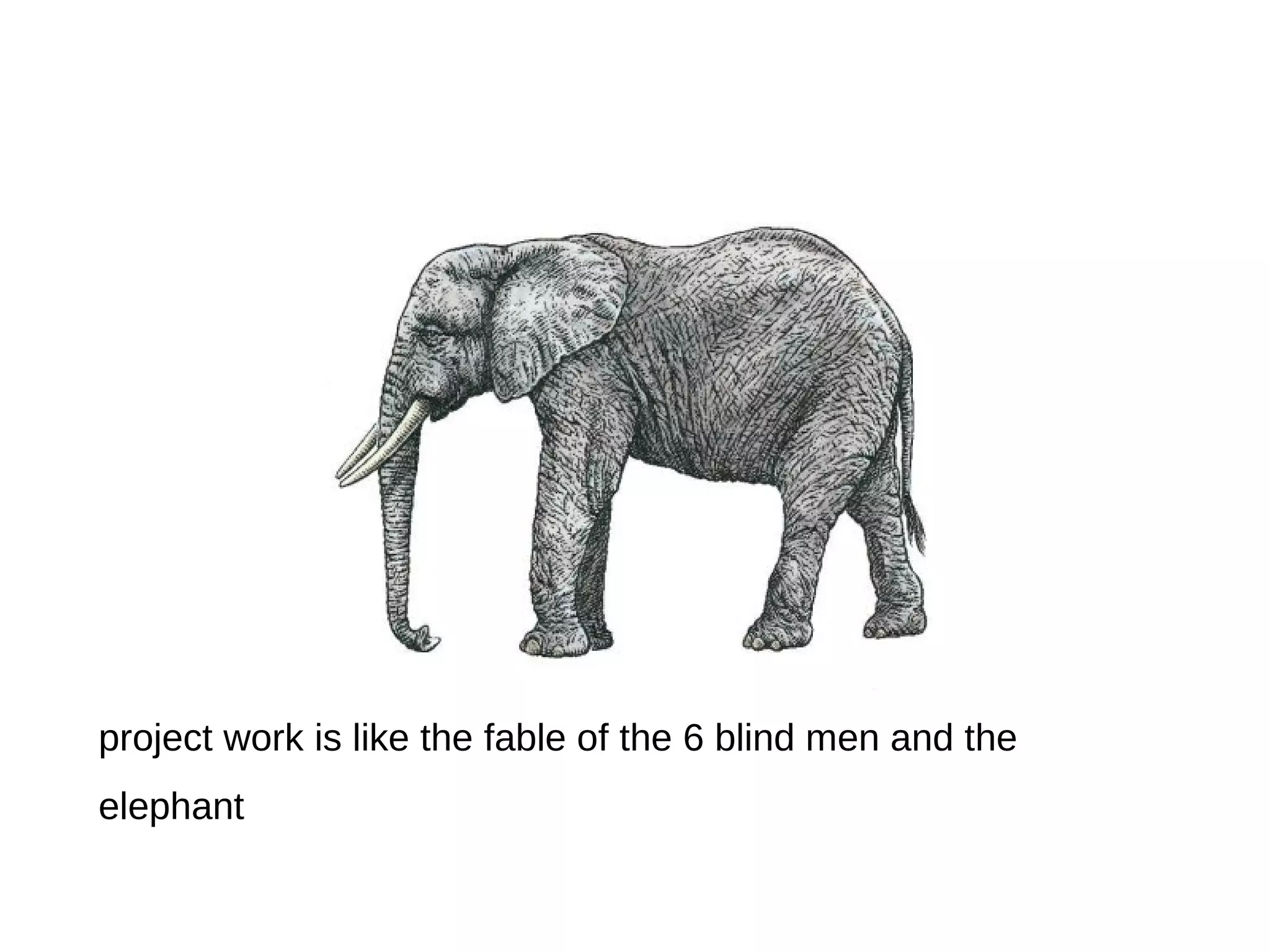 project work is like the fable of the 6 blind men and the elephant 