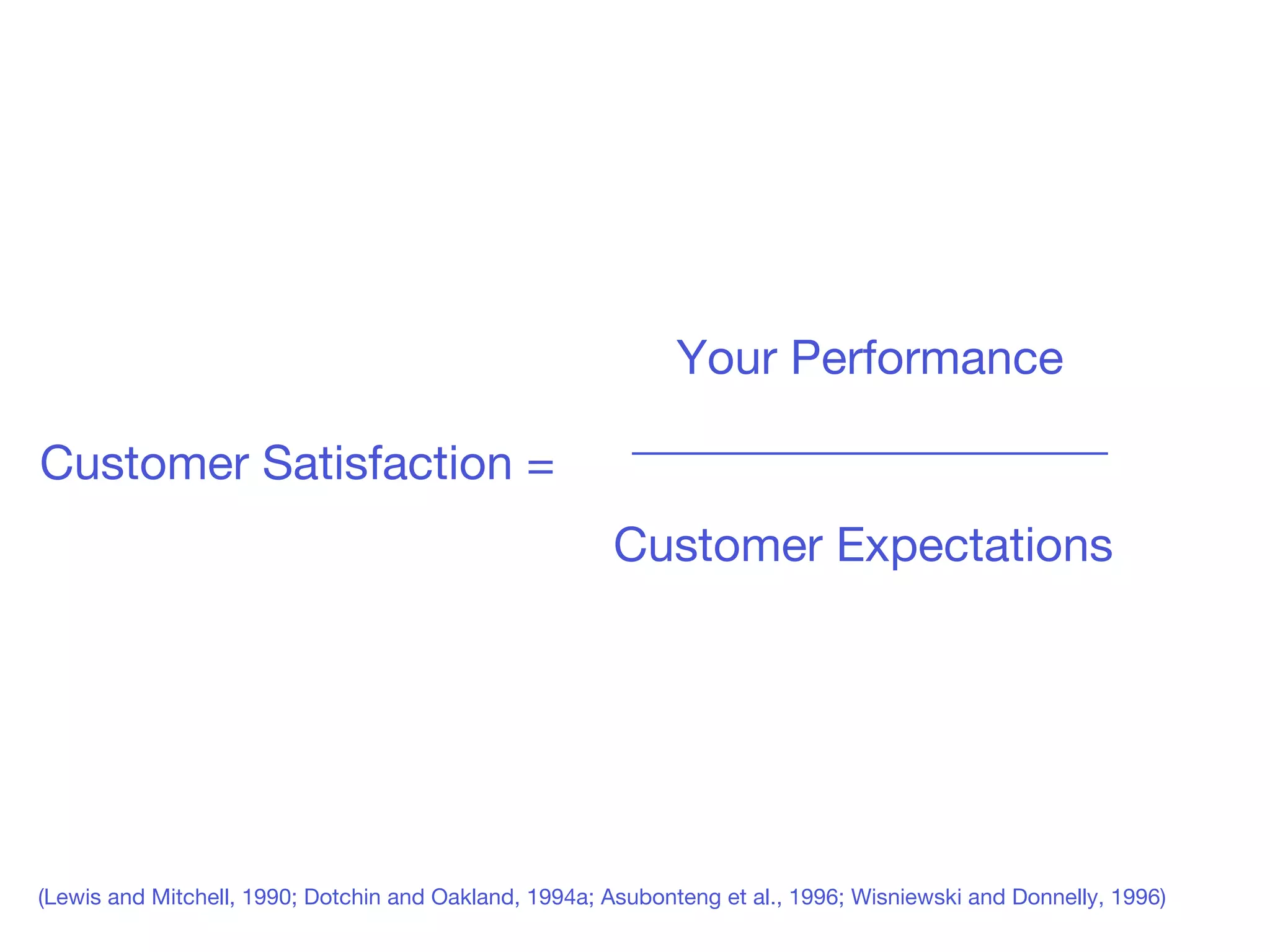 Customer Satisfaction =  Your Performance ____________________ Customer Expectations  (Lewis and Mitchell, 1990; Dotchin and Oakland, 1994a; Asubonteng et al., 1996; Wisniewski and Donnelly, 1996) 
