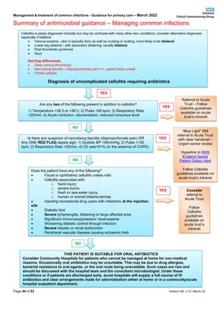 Management & treatment of common infections - Guidance for primary care – March 2022
Summary of antimicrobial guidance – Managing common infections
Page 44 of 53 Version HS v1.0 March 22
Cellulitis is easily diagnosed clinically but may be confused with many other skin conditions; consider alternative diagnoses
especially if bilateral
• Venous eczema - skin is typically itchy as well as crusting or scaling; more likely to be bilateral
• Lower leg oedema - with secondary blistering; usually bilateral
• Post thrombotic syndrome
• Gout
Red flag differentials
• Deep venous thrombosis
• Necrotising fasciitis – Disproportionate pain+++, patient looks unwell
• Orbital cellulitis
Diagnosis of uncomplicated cellulitis requiring antibiotics
Are any two of the following present in addition to cellulitis?
1) Temperature >38.3 or <36°c; 2) Pulse >90 bpm; 3) Respiratory Rate
>20/min; 4) Acute confusion, disorientation, reduced conscious level
Referral to Acute
Trust – Follow
Cellulitis guidelines
available on acute
trust’s intranet
Is there any suspicion of necrotising fasciitis (disproportionate pain) OR
Any ONE RED FLAG sepsis sign: 1) Systolic BP <90mmHg; 2) Pulse >130
bpm; 3) Respiratory Rate >25/min; 4) O2 sats<91% (in the absence of COPD)
“Blue Light” 999
referral to Acute Trust
with clear handover -
Urgent senior review
Hyperlink to NHS
England Sepsis
Patient Safety Alert
Follow Cellulitis
guidelines available on
acute trust’s intranet
Does the patient have any of the following?
• Facial or ophthalmic cellulitis unless mild
• Cellulitis associated with:
o hand injury;
o severe burns;
o fresh or sea-water injury;
o human or animal bites/scratches
• Injecting recreational drug users with infections at the injection
site
• Diabetic foot.
• Severe lymphangitis, blistering or large affected area
• Significant immunosuppression/ neutropaenia
• Worsening diabetic control through infection
• Severe hepatic or renal dysfunction
• Peripheral vascular disease causing ischaemic limb
YES
YES
YES
NO
O
NO
THIS PATIENT IS SUITABLE FOR ORAL ANTIBIOTICS
Consider Community Hospitals for patients who cannot be managed at home for non-medical
reasons. Occasionally oral antibiotics may be unsuitable. This may be due to drug allergies,
bacterial resistance to oral agents, or the oral route being unavailable. Such cases are rare and
should be discussed with the hospital team and the consultant microbiologist. Under these
conditions or if patients are discharged early, acute hospitals will supply a full course of IV
antibiotics and clear arrangements made for administration either at home or in a community/acute
hospital outpatient department.
NO
Consider
referral to
Acute Trust
Follow
Cellulitis
guidelines
available on
acute trust’s
intranet
YES
 