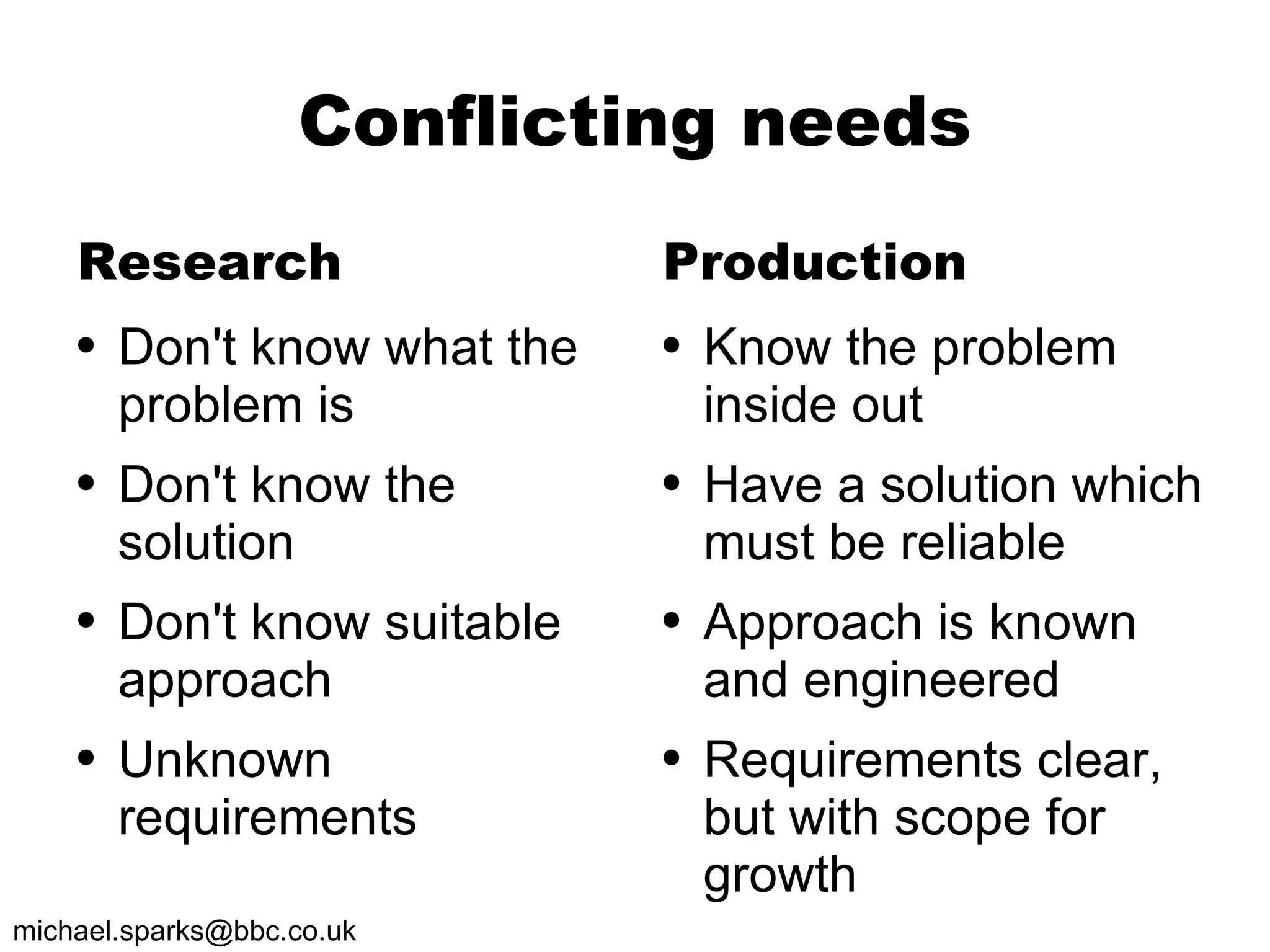 Conflicting needs Research Don't know what the problem is Don't know the solution Don't know suitable approach Unknown requirements Production Know the problem inside out Have a solution which must be reliable Approach is known and engineered Requirements clear, but with scope for growth 
