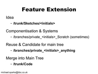 Feature Extension Idea /trunk/Sketches/<initials> Componentisation & Systems /branches/private_<initials>_Scratch (sometimes) Reuse & Candidate for main tree /branches/private_<initials>_anything Merge into Main Tree /trunk/Code 