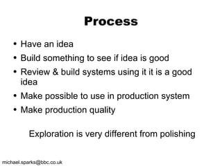 Process Have an idea Build something to see if idea is good Review & build systems using it it is a good idea Make possible to use in production system Make production quality Exploration is very different from polishing 