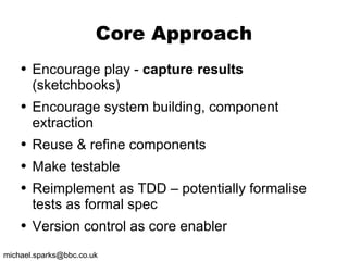 Core Approach Encourage play -  capture results  (sketchbooks) Encourage system building, component extraction Reuse & refine components Make testable Reimplement as TDD – potentially formalise tests as formal spec Version control as core enabler 