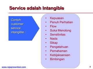 Service adalah Intangible Contoh customer service intangible : Kepuasan Penuh Perhatian Flow Suka Menolong Sensitivitas Nada Sikap Pengetahuan Pemahaman Kebijaksanaan Bimbingan 