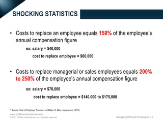 SHOCKING STATISTICS

• Costs to replace an employee equals 150% of the employee’s
  annual compensation figure
                   ex: salary = $40,000
                          cost to replace employee = $60,000


• Costs to replace managerial or sales employees equals 200%
  to 250% of the employee’s annual compensation figure
                   ex: salary = $70,000
                           cost to replace employee = $140,000 to $175,000

** Source: Cost of Employee Turnover, by William G. Bliss, isquare.com (2012)
www.profilesinternational.com
© 2012 Profiles International, Inc. All rights reserved.                        Managing Difficult Employees | 5
 
