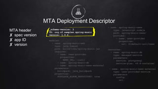 MTA Deployment Descriptor
MTA header
✘ spec version
✘ app ID
✘ version
_schema-version: 3
ID: org.cf.samples.spring-music
version: 1.0.0
modules:
- name: spring-music-web
type: java.tomcat
path: build/libs/spring-music.jar
requires:
- name: news-provider
properties:
NEWS_URL: ~{url}
- name: spring-music-db
- name: spring-music-news-external
parameters:
buildpack: java_buildpack
properties:
POPULATE_ALBUM_REPOSITORY: true
- name: spring-music-news
type: javascript.nodejs
path: spring-music-news/
provides:
- name: news-provider
properties:
url: ${default-url}/news
resources:
- name: spring-music-db
type: managed-service
parameters:
service: postgresql
service-plan: v9.4-container
- name: spring-music-news-external
type: user-provided-service
parameters:
config:
url:
 