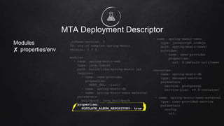 MTA Deployment Descriptor
Modules
✘ properties/env
_schema-version: 3
ID: org.cf.samples.spring-music
version: 1.0.0
modules:
- name: spring-music-web
type: java.tomcat
path: build/libs/spring-music.jar
requires:
- name: news-provider
properties:
NEWS_URL: ~{url}
- name: spring-music-db
- name: spring-music-news-external
parameters:
buildpack: java_buildpack
properties:
POPULATE_ALBUM_REPOSITORY: true
- name: spring-music-news
type: javascript.nodejs
path: spring-music-news/
provides:
- name: news-provider
properties:
url: ${default-url}/news
resources:
- name: spring-music-db
type: managed-service
parameters:
service: postgresql
service-plan: v9.4-container
- name: spring-music-news-external
type: user-provided-service
parameters:
config:
url:
 