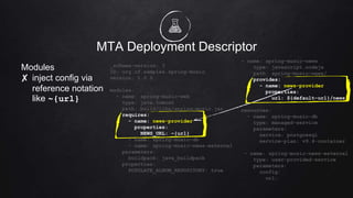 MTA Deployment Descriptor
Modules
✘ inject config via
reference notation
like ~{url}
_schema-version: 3
ID: org.cf.samples.spring-music
version: 1.0.0
modules:
- name: spring-music-web
type: java.tomcat
path: build/libs/spring-music.jar
requires:
- name: news-provider
properties:
NEWS_URL: ~{url}
- name: spring-music-db
- name: spring-music-news-external
parameters:
buildpack: java_buildpack
properties:
POPULATE_ALBUM_REPOSITORY: true
- name: spring-music-news
type: javascript.nodejs
path: spring-music-news/
provides:
- name: news-provider
properties:
url: ${default-url}/news
resources:
- name: spring-music-db
type: managed-service
parameters:
service: postgresql
service-plan: v9.4-container
- name: spring-music-news-external
type: user-provided-service
parameters:
config:
url:
 