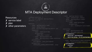 MTA Deployment Descriptor
Resources
✘ service label
✘ plan
✘ other parameters
_schema-version: 3
ID: org.cf.samples.spring-music
version: 1.0.0
modules:
- name: spring-music-web
type: java.tomcat
path: build/libs/spring-music.jar
requires:
- name: news-provider
properties:
NEWS_URL: ~{url}
- name: spring-music-db
- name: spring-music-news-external
parameters:
buildpack: java_buildpack
properties:
POPULATE_ALBUM_REPOSITORY: true
- name: spring-music-news
type: javascript.nodejs
path: spring-music-news/
provides:
- name: news-provider
properties:
url: ${default-url}/news
resources:
- name: spring-music-db
type: managed-service
parameters:
service: postgresql
service-plan: v9.4-container
- name: spring-music-news-external
type: user-provided-service
parameters:
config:
url:
 