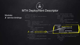 MTA Deployment Descriptor
Modules
✘ service bindings
_schema-version: 3
ID: org.cf.samples.spring-music
version: 1.0.0
modules:
- name: spring-music-web
type: java.tomcat
path: build/libs/spring-music.jar
requires:
- name: news-provider
properties:
NEWS_URL: ~{url}
- name: spring-music-db
- name: spring-music-news-external
parameters:
buildpack: java_buildpack
properties:
POPULATE_ALBUM_REPOSITORY: true
- name: spring-music-news
type: javascript.nodejs
path: spring-music-news/
provides:
- name: news-provider
properties:
url: ${default-url}/news
resources:
- name: spring-music-db
type: managed-service
parameters:
service: postgresql
service-plan: v9.4-container
- name: spring-music-news-external
type: user-provided-service
parameters:
config:
url:
 