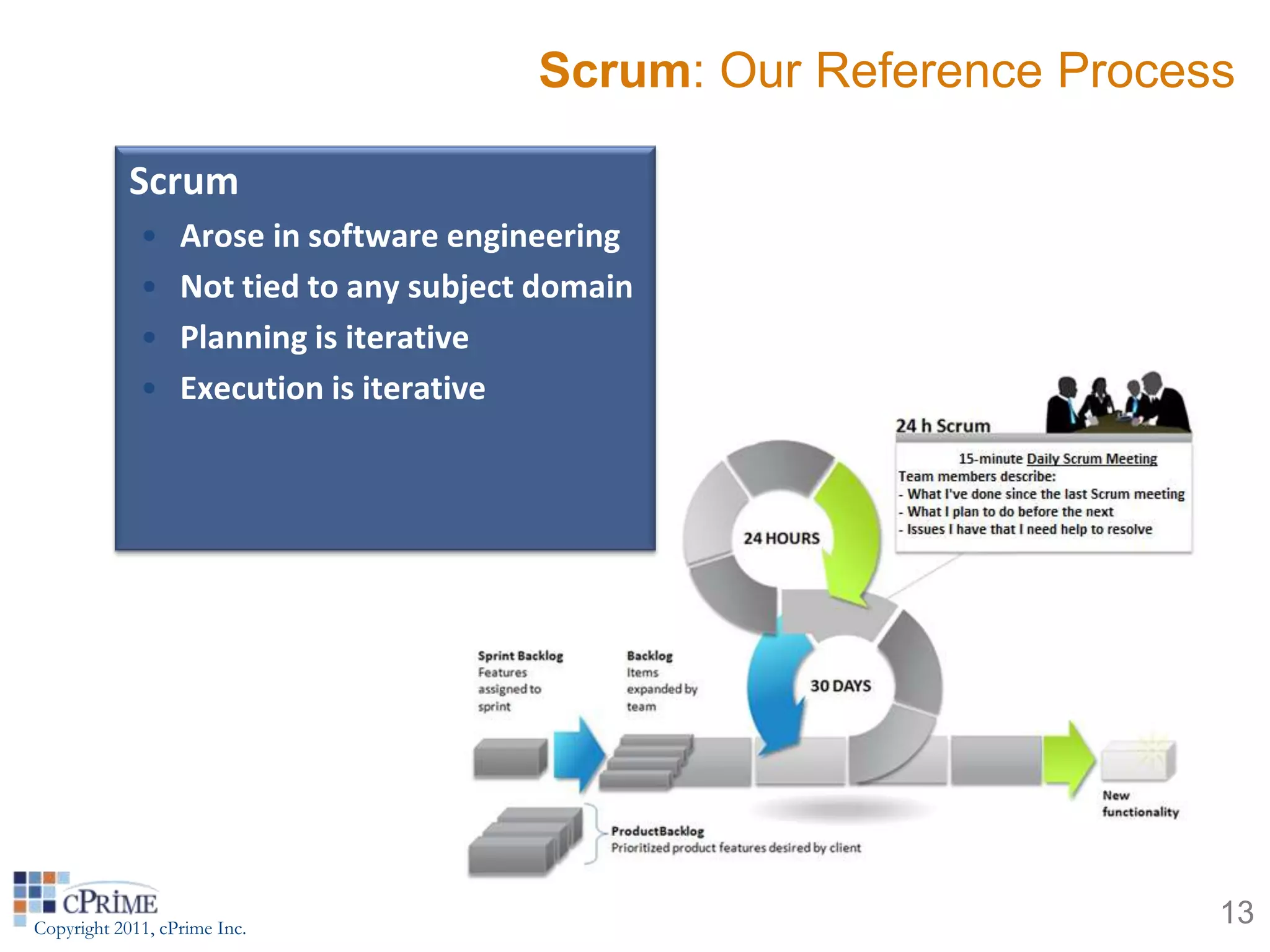 Scrum: Our Reference Process

            Scrum
             •    Arose in software engineering
             •    Not tied to any subject domain
             •    Planning is iterative
             •    Execution is iterative




Copyright 2011, cPrime Inc.
                                                                    13
 
