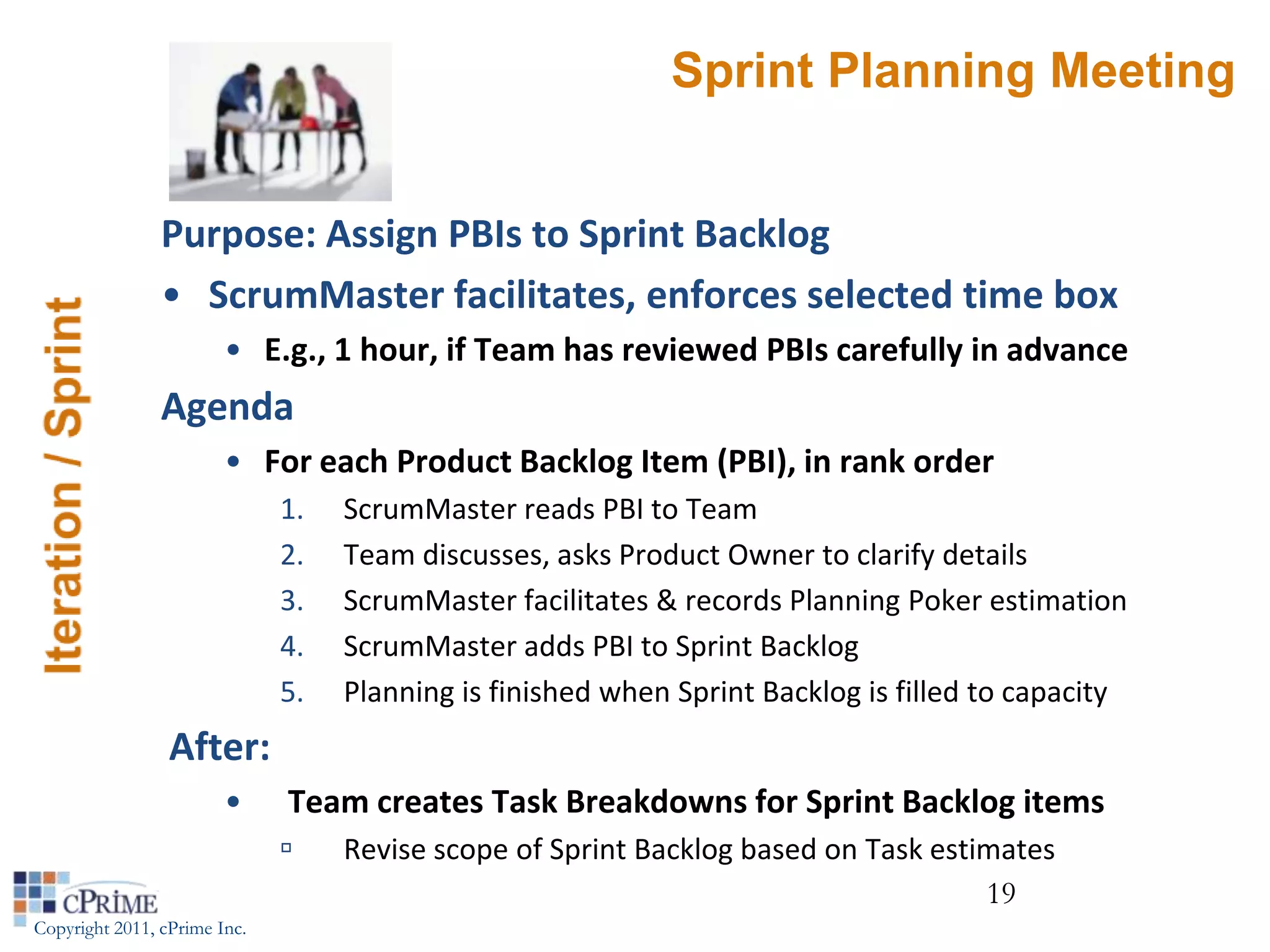 Sprint Planning Meeting


                Purpose: Assign PBIs to Sprint Backlog
                • ScrumMaster facilitates, enforces selected time box
                        • E.g., 1 hour, if Team has reviewed PBIs carefully in advance
                Agenda
                        • For each Product Backlog Item (PBI), in rank order
                              1.   ScrumMaster reads PBI to Team
                              2.   Team discusses, asks Product Owner to clarify details
                              3.   ScrumMaster facilitates & records Planning Poker estimation
                              4.   ScrumMaster adds PBI to Sprint Backlog
                              5.   Planning is finished when Sprint Backlog is filled to capacity
                 After:
                        •     Team creates Task Breakdowns for Sprint Backlog items
                                  Revise scope of Sprint Backlog based on Task estimates
                                                                                    19
Copyright 2011, cPrime Inc.
 