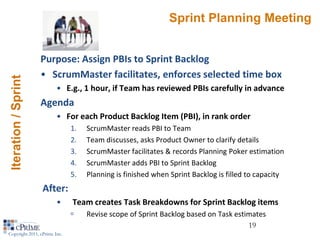Sprint Planning Meeting


                Purpose: Assign PBIs to Sprint Backlog
                • ScrumMaster facilitates, enforces selected time box
                        • E.g., 1 hour, if Team has reviewed PBIs carefully in advance
                Agenda
                        • For each Product Backlog Item (PBI), in rank order
                              1.   ScrumMaster reads PBI to Team
                              2.   Team discusses, asks Product Owner to clarify details
                              3.   ScrumMaster facilitates & records Planning Poker estimation
                              4.   ScrumMaster adds PBI to Sprint Backlog
                              5.   Planning is finished when Sprint Backlog is filled to capacity
                 After:
                        •     Team creates Task Breakdowns for Sprint Backlog items
                                  Revise scope of Sprint Backlog based on Task estimates
                                                                                    19
Copyright 2011, cPrime Inc.
 