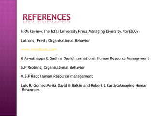 HRM Review,The Icfai University Press,Managing Diversity,Nov(2007) Luthans, Fred ; Organisational Behavior www.mindtools.com K Aswathappa & Sadhna Dash;International Human Resource Management S.P Robbins; Organisational Behavior V.S.P Rao; Human Resource management Luis R. Gomez Mejia,David B Balkin and Robert L Cardy;Managing Human Resources 