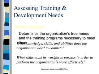 Assessing Training & Development Needs Needs Analysis Determines the organization’s true needs and the training programs necessary to meet them What knowledge, skills, and abilities does the organization need to compete?  What skills must its workforce possess in order to perform the organization’s work effectively? Leonardo Matarrese @MyPlick 