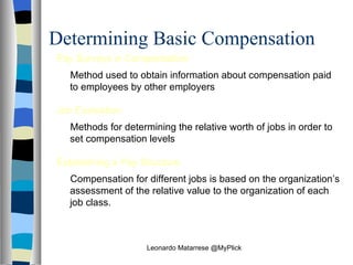 Determining Basic Compensation Pay Surveys in Compensation Method used to obtain information about compensation paid to employees by other employers  Job Evaluation Methods for determining the relative worth of jobs in order to set compensation levels Establishing a Pay Structure Compensation for different jobs is based on the organization’s assessment of the relative value to the organization of each job class. Leonardo Matarrese @MyPlick 