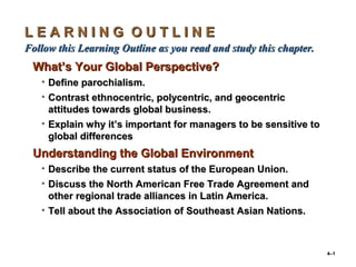 4–1
L E A R N I N G O U T L I N EL E A R N I N G O U T L I N E
Follow this Learning Outline as you read and study this chapter.Follow this Learning Outline as you read and study this chapter.
What’s Your Global Perspective?What’s Your Global Perspective?
• Define parochialism.Define parochialism.
• Contrast ethnocentric, polycentric, and geocentricContrast ethnocentric, polycentric, and geocentric
attitudes towards global business.attitudes towards global business.
• Explain why it’s important for managers to be sensitive toExplain why it’s important for managers to be sensitive to
global differencesglobal differences
Understanding the Global EnvironmentUnderstanding the Global Environment
• Describe the current status of the European Union.Describe the current status of the European Union.
• Discuss the North American Free Trade Agreement andDiscuss the North American Free Trade Agreement and
other regional trade alliances in Latin America.other regional trade alliances in Latin America.
• Tell about the Association of Southeast Asian Nations.Tell about the Association of Southeast Asian Nations.
 