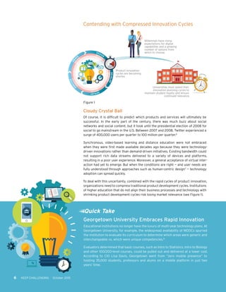 6 KEEP CHALLENGING October 2015
Cloudy Crystal Ball
Of course, it is difficult to predict which products and services will ultimately be
successful. In the early part of the century, there was much buzz about social
networks and social content, but it took until the presidential election of 2008 for
social to go mainstream in the U.S. Between 2007 and 2008, Twitter experienced a
surge of 400,000 users per quarter to 100 million per quarter.6
Synchronous, video-based learning and distance education were not embraced
when they were first made available decades ago because they were technology-
driven innovations rather than demand-driven initiatives. Existing bandwidth could
not support rich data streams delivered to a variety of devices and platforms,
resulting in a poor user experience. Moreover, a general acceptance of virtual inter-
action had yet to emerge. But when the conditions are right — and user needs are
fully understood through approaches such as human-centric design7
— technology
adoption can spread quickly.
To deal with this uncertainty, combined with the rapid cycles of product innovation,
organizations need to compress traditional product development cycles. Institutions
of higher education that do not align their business processes and technology with
shrinking product development cycles risk losing market relevance (see Figure 1).
Product innovation
cycles are becoming
shorter.
Millennials have rising
expectations for digital
capabilities and a growing
number of options from
which to choose.
Universities must speed their
innovation planning cycles to
maintain student loyalty and ensure
continued relevance.
Contending with Compressed Innovation Cycles
Figure 1
Georgetown University Embraces Rapid Innovation
Educational institutions no longer have the luxury of multi-year technology plans. At
Georgetown University, for example, the widespread availability of MOOCs spurred
the institution to evaluate its curriculum to determine which areas were generic and
interchangeable vs. which were unique competencies.8
Evaluators determined that basic courses, such as Intro to Statistics, Intro to Biology
and other 100/200-level courses, could be pulled out and delivered at a lower cost.
According to CIO Lisa Davis, Georgetown went from “zero mobile presence” to
hosting 35,000 students, professors and alums on a mobile platform in just two
years’ time.
Quick Take
 