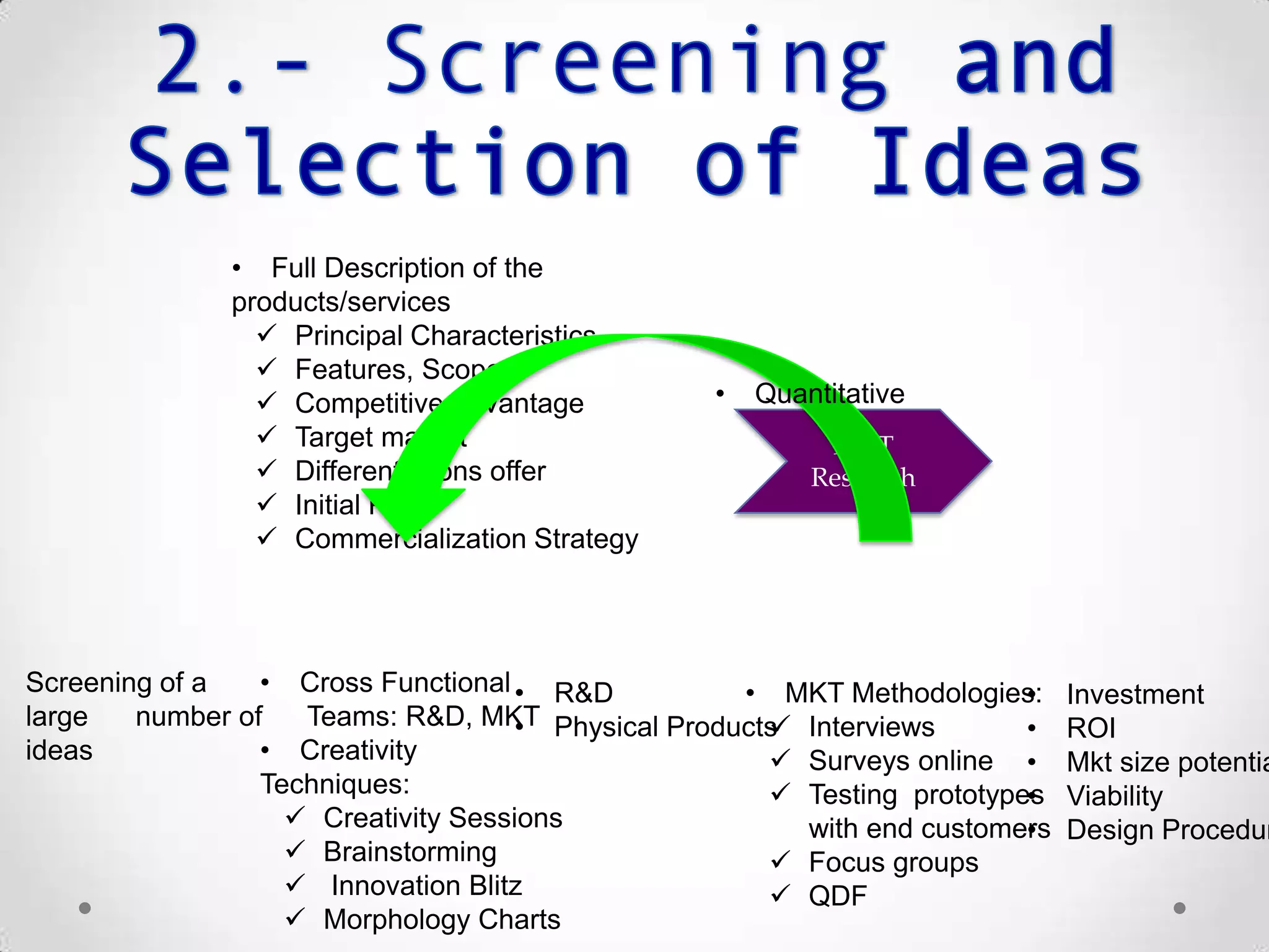 MKT
Research
• Cross Functional
Teams: R&D, MKT
• Creativity
Techniques:
 Creativity Sessions
 Brainstorming
 Innovation Blitz
 Morphology Charts
• Full Description of the
products/services
 Principal Characteristics
 Features, Scopes
 Competitive Advantage
 Target market
 Differentiations offer
 Initial Price
 Commercialization Strategy
• R&D
• Physical Products
• MKT Methodologies:
 Interviews
 Surveys online
 Testing prototypes
with end customers
 Focus groups
 QDF
• Investment
• ROI
• Mkt size potentia
• Viability
• Design Procedur
• Quantitative
Screening of a
large number of
ideas
 
