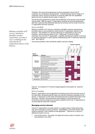IBM Global Services


                               Therefore, the service level agreement must be expressed in terms that IT
                               customers can understand and appreciate. It should describe what is visible to IT
                               customers, hence, the focus should be on services rather than the capabilities
                               behind the line of visibility (shown earlier in Figure 4).
                               The service level agreement is where the full definition of the service to be provided
                               should reside. IBM can assist IT organizations develop service level agreements
                               with their customers that effectively describe the services and the value to both the
                               IT organization and their customer.
                               Service portfolio
                               Defining a portfolio of IT services, matched to identified customer requirements,
Defining a portfolio of IT     provides a way to communicate the value that the IT organization delivers to the
                               business. This portfolio of IT services allows the IT organization to say to the
services, matched to           business, “Here is what we deliver to you”. Effectively, it is the list of what
identified customer            customers ‘buy’ from the IT organization. Explicitly matching the portfolio of services
requirements, provides a       to customer segments is a step towards understanding what IT customers value and
way to communicate the         want. See Figure 8.
value that the IT              The service portfolio is also sometimes called a services catalog.
organization delivers to the                                                                                                              Customer segments
business.




                                                                                                                                                                                    eam
                                                                                                                                   nies




                                                                                                                                                                               ent T
                                                                                                                                mpa




                                                                                                                                                                                rs
                                                                                                                                                          ches
                                                                                                                                               ries




                                                                                                                                                                          ncillo
                                                                                                                            y Co




                                                                                                                                                                         agem
                                                                                                                                          Libra


                                                                                                                                                      Bran


                                                                                                                                                                       Cou
                                                                                                                       idiar




                                                                                                                                                                      Man
                                                                                                                   Subs
                                   Service




                                                                                                                                                                 Exec
                                   Categories          Services
                                                       IT strategy and planning
                                                       IT architecture and standards development and maintenance
                                                       IT governance development and maintenance
                                      Consultancy
                                                       Project management
                                       Services
                                                       Technology and industry advice/consulting
                                                       IT customer relationship management
                                                       Business analysis
                                   Solution Services   Solution design / development / construction
                                    Support Services   End-user support / help desk / break fix

                                      Operational      Infrastructure operation and administration/maintenance
                                       Services        Business continuity
                                                       Supplier management
                                   IT Management &
                                     Administration    IT procurement services
                                       Services
                                                       IT asset management
                                     Other Services    End user training

                                                                                                                               Consumer




                               Figure 8. An example of IT services mapped against consumption by customer
                               segments
                               Service branding
                               Some IT organizations have progressed to branding some of their services such as
                               the Help Desk; developing specific logos and internal marketing campaigns for the
                               service. A discussion on the merits of branding services is beyond the scope of this
                               document. However, this phenomenon does appear to mimic the actions of
                               commercial service providers and provides a powerful tool for the IT organization to
                               communicate the value that it delivers.

                               Managing service demand
                               Internal IT organizations normally operate in a largely captive market where they
                               may have monopoly on service provision. Nevertheless, some of the factors that
                               influence demand in free markets are still applicable 5. Demand for a service is
                               affected by factors such as:
                               Ÿ       Price of the service. Generally, the higher the service costs to customer, the
                                       less attractive it is to them.




                                                                                                                                                                                          10
 