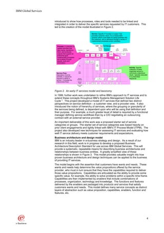 IBM Global Services


                      introduced to show how processes, roles and tools needed to be linked and
                      integrated in order to deliver the specific services requested by IT customers. This
                      led to the creation of the model illustrated in Figure 2.

                                                                                        Service: Specific IT function or output that
                                                                                        provides customer value. It is a measurable
                                                                                        'product' which is the basis for doing business with
                                                                                        the customer, and is delivered through a series of
                                                                                        implemented processes and/or activities.


                        Process: A collection of                                                       CS01 - User Call Management
                                                                                                                  Requests
                        related activities that                                                                    for New                 Responses                               Call                          Service
                        take inputs, transforms     Customer         Calls                                         Service                 to Queries                             Result                        Marketing
                        them, and produces           CSC
                        outputs that support an                     A141
                                                                                          A142
                                                                                                               A143
                                                                                                                                          A144
                                                                                                                                                               A145
                                                                                                                                                            Monitor Open
                                                                                                                                                            Call Tickets
                                                                                                                                                                                                           Market IS HelpDesk
                                                                                                                                                                                                               Offerings
                                                                                                             Assign Call
                        enterprise goal.                         Receive and
                                                                   Log Call
                                                                                       Analyze Call
                                                                                                               Ticket
                                                                                                                                       Answer Query



                        Implemented processes                                                                                                                                       A146
                                                                                                                                                                                  Close Call
                                                     CSA
                        are enabled through
                        people, tools and                             A771
                                                                Identify Problem
                                                                                         A772
                                                                                   Perform Problem

                        information.                                                Determination


                                                                                                         A521
                                                                                                       Generate
                                                                                                       Customer
                                                      TS                                               Request


                                                                                                                                                                                                                                Activity: Specific
                                                                                                                                            A523                 A524                      A526
                                                                                                                                                                                                                                collection of tasks
                                                     SPA,
                                                                                                                                      Determine Request
                                                                                                                                           Solution
                                                                                                                                                            Assess Request
                                                                                                                                                            Solution Impact
                                                                                                                                                                                  Consolidate / Schedule
                                                                                                                                                                                        Requests                                organized around a
                       Service Flow:                 SPO                                                                                                                                                                        commonly understood
                       Description of all the                                                                                                                                                                                   result, typically executed
                       activities, in sequence,                                                                                                                                                                                 in a prescribed
                       required to deliver a        Service                                                          CS02
                                                                                                             Product Repair Support
                                                                                                                                                                    CS03
                                                                                                                                                              Product Move/Add/
                                                                                                                                                                   Change
                                                                                                                                                                                                                                sequence.
                                                   Interfaces
                       service. It includes the
                       interprocess flows.          Manual
                                                                            CTT,
                                                                                        OLD,
                                                                                        CFG,
                                                                                                GRT,
                                                                                                CFG,
                                                                                                                                           CTT,
                                                                                                                                           GRT,       CRT     CRT,
                                                                                                                                                              PPT
                                                                                                                                                                      CTT,
                                                                                                                                                                                    CTT,            CRT,
                                                    Tools           PTT     ACD         GRT,
                                                                                        PTT,
                                                                                                OLD,
                                                                                                PTT
                                                                                                       CGT                 CTT             TCST                       GRT,
                                                                                                                                                                      MBT
                                                                                                                                                                                    TCST            PPT

                                                                                        RCT

                                                   Automated
                                                     Tools



                      Figure 2. An early IT services model and taxonomy
                      In 1999, further work was undertaken to refine IBM’s approach to IT services and to
                      extend these concepts throughout IBM’s Systems Management Solution Life
                      Cycle 3. This project developed a model of IT services that defined two distinct
                      perspectives on service definition - a customer view, and a provider view. It also
                      introduced the notion of hierarchy of services, where the grouping or granularity of
                      the services being defined, is dependent upon who will be using that definition and
                      their purpose. For example, a much greater level of detail is required by a functional
                      manager defining service workflows than by a CIO negotiating an outsourcing
                      contract with an external service provider.
                      An important deliverable of this work was a proposed starter set of service
                      categories or groups. The starter set of service categories was based heavily on
                      prior client engagements and tightly linked with IBM’s IT Process Model (ITPM). The
                      project also developed new techniques for assessing IT services and evaluating how
                      well IT service delivery meets customer requirements and expectations.
                      Business architecture and design model
                      IBM is an industry leader in e-business strategy and design. As a result of our
                      research in this field, work is in progress to develop a proposed Business
                      Architecture Description Standard for use across IBM Global Services. This will
                      provide a systematic, repeatable means for describing business architectures and
                      relationships between business entities. A greatly simplified view of these
                      relationships is shown in Figure 3. This model provides valuable insight into how
                      proven business architecture and design techniques can be applied to the business
                      of providing IT services.
                      The model begins with the assertion that customers have wants and needs. These
                      wants and needs help determine the value propositions offered by the service
                      provider, who must in turn ensure that they have the capabilities required to deliver
                      those value propositions. Capabilities are articulated as the ability to provide some
                      specific value, for example, the ability to solve problems within a specific time frame.
                      Capabilities are then implemented by enablers that include combinations of
                      processes, organization, technology and knowledge. The functions and features
                      delivered by the enablers are packaged into products and services that satisfy
                      customers wants and needs. This model defines many service concepts as distinct
                      layers of abstraction such as value proposition, capabilities, enablers, function and
                      features, etc.




                                                                                                                                                                                                                                                         4
 