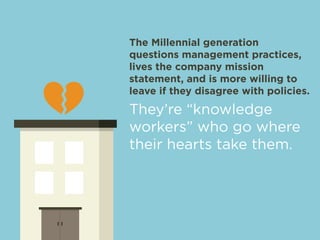 The Millennial generation 
questions management practices, 
lives the company mission 
statement, and is more willing to 
leave if they disagree with policies. 
They’re “knowledge 
workers” who go where 
their hearts take them. 
 