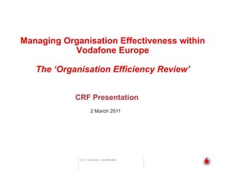 C3 – Company Confidential
Managing Organisation Effectiveness within
Vodafone Europe
The ‘Organisation Efficiency Review’
CRF Presentation
2 March 2011
 