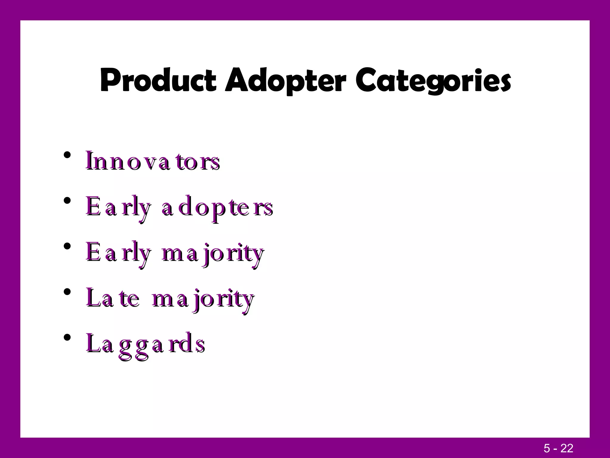 Product Adopter Categories Innovators Early adopters Early majority Late majority Laggards  
