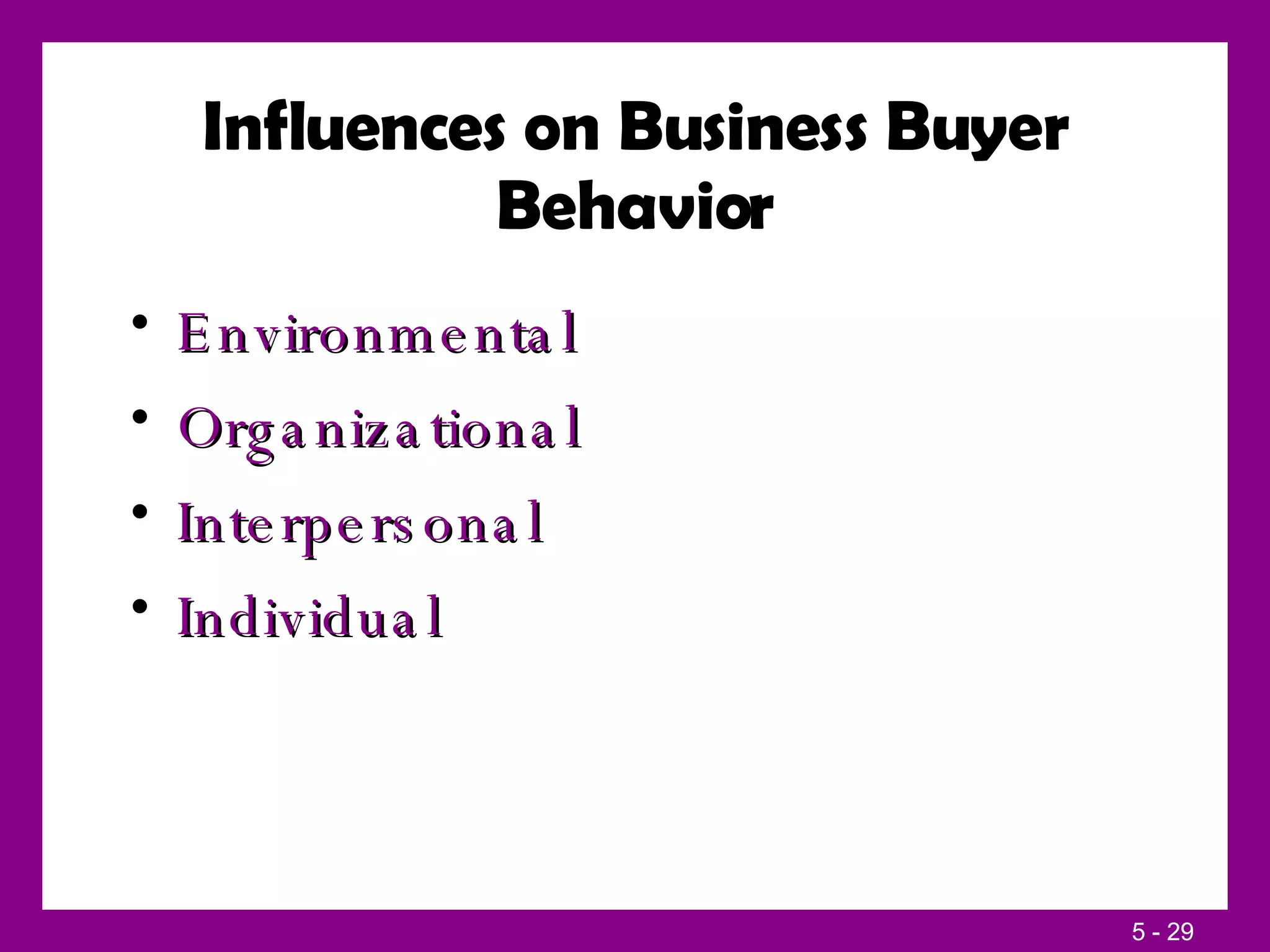Influences on Business Buyer Behavior Environmental Organizational Interpersonal Individual 