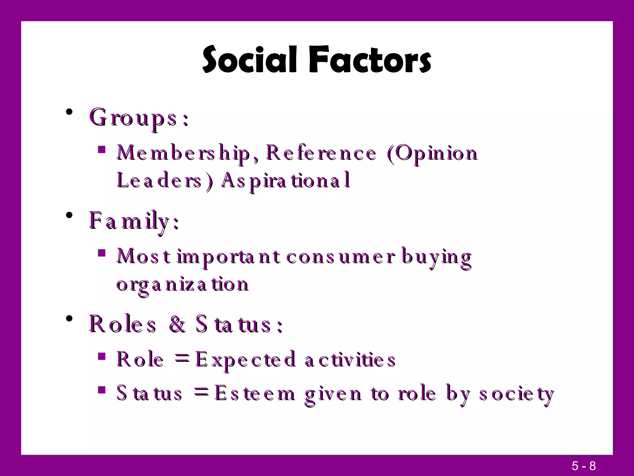 Social Factors Groups: Membership, Reference (Opinion Leaders) Aspirational Family: Most important consumer buying organization Roles & Status: Role = Expected activities Status = Esteem given to role by society 