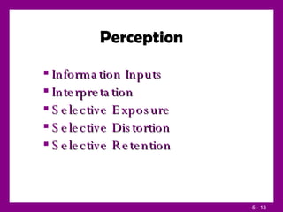 Perception Information Inputs Interpretation Selective Exposure Selective Distortion Selective Retention 
