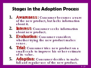 Stages in the Adoption Process <ul><li>Awareness :  Consumer becomes aware of the new product, but lacks information about...