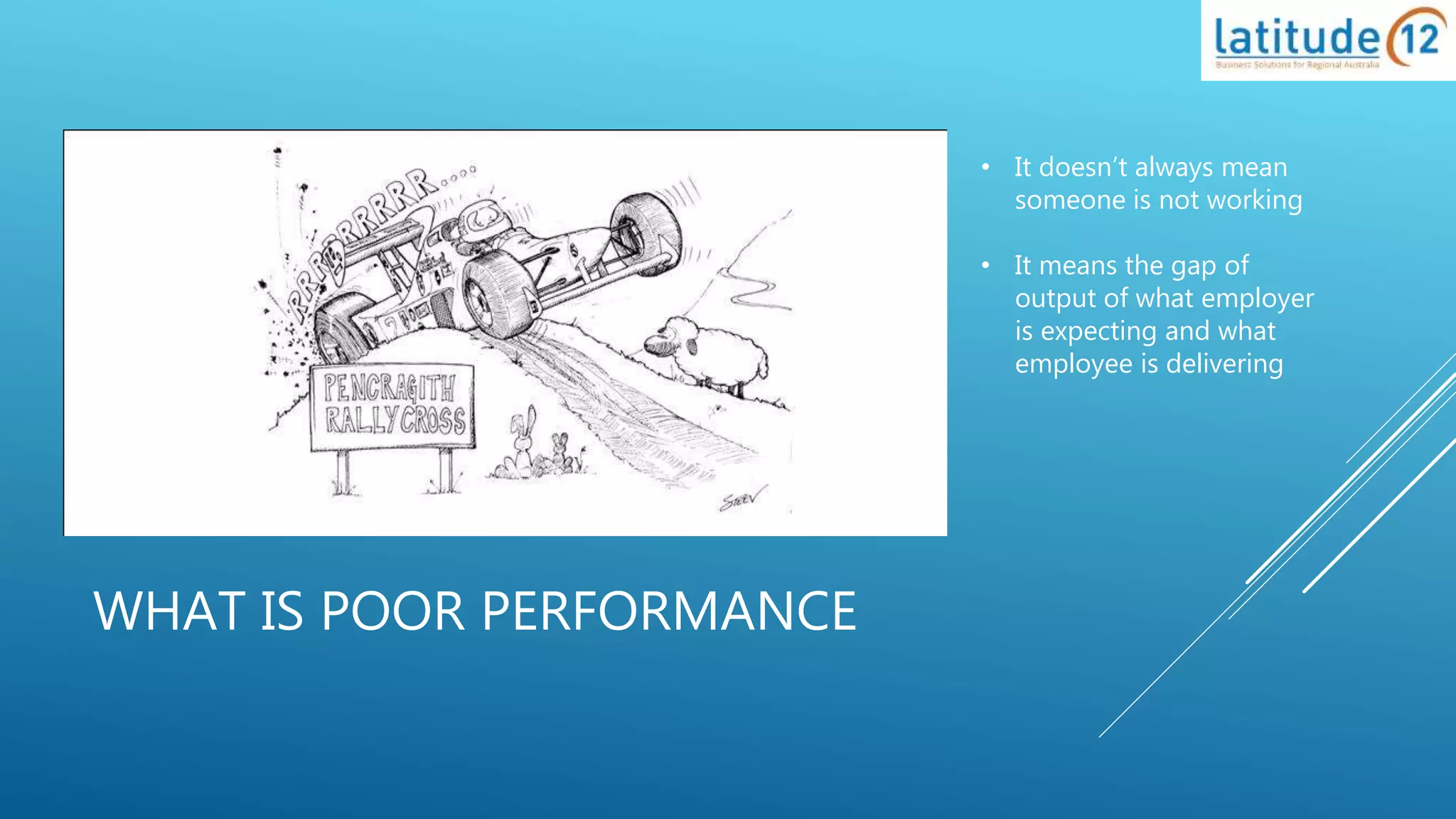 WHAT IS POOR PERFORMANCE
• It doesn’t always mean
someone is not working
• It means the gap of
output of what employer
is expecting and what
employee is delivering
 