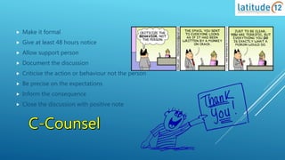  Make it formal
 Give at least 48 hours notice
 Allow support person
 Document the discussion
 Criticise the action or behaviour not the person
 Be precise on the expectations
 Inform the consequence
 Close the discussion with positive note
 