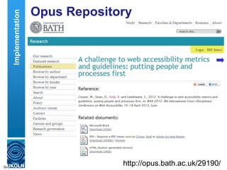 Opus Repository
Paper uploaded to Opus repository
39
http://opus.bath.ac.uk/29190/
Implementation
 