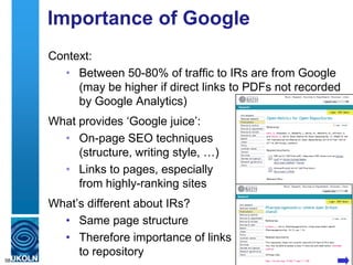Importance of Google
Context:
• Between 50-80% of traffic to IRs are from Google
(may be higher if direct links to PDFs not recorded
by Google Analytics)
What provides „Google juice‟:
• On-page SEO techniques
(structure, writing style, …)
• Links to pages, especially
from highly-ranking sites
What‟s different about IRs?
• Same page structure
• Therefore importance of links
to repository
58
 
