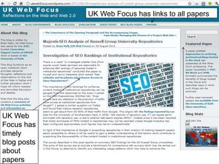 UK Web
Focus
blog has a
rotating
Featured
Paper link60
UK Web
Focus has
timely
blog posts
about
papers
UK Web Focus has links to all papers
 