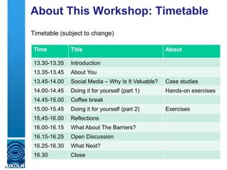 About This Workshop: Timetable
Timetable (subject to change)
8
Time Title About
13.30-13.35 Introduction
13.35-13.45 About You
13.45-14.00 Social Media – Why Is It Valuable? Case studies
14.00-14.45 Doing it for yourself (part 1) Hands-on exercises
14.45-15.00 Coffee break
15.00-15.45 Doing it for yourself (part 2) Exercises
15,45-16.00 Reflections
16.00-16.15 What About The Barriers?
16.15-16.25 Open Discussion
16.25-16.30 What Next?
16.30 Close
 
