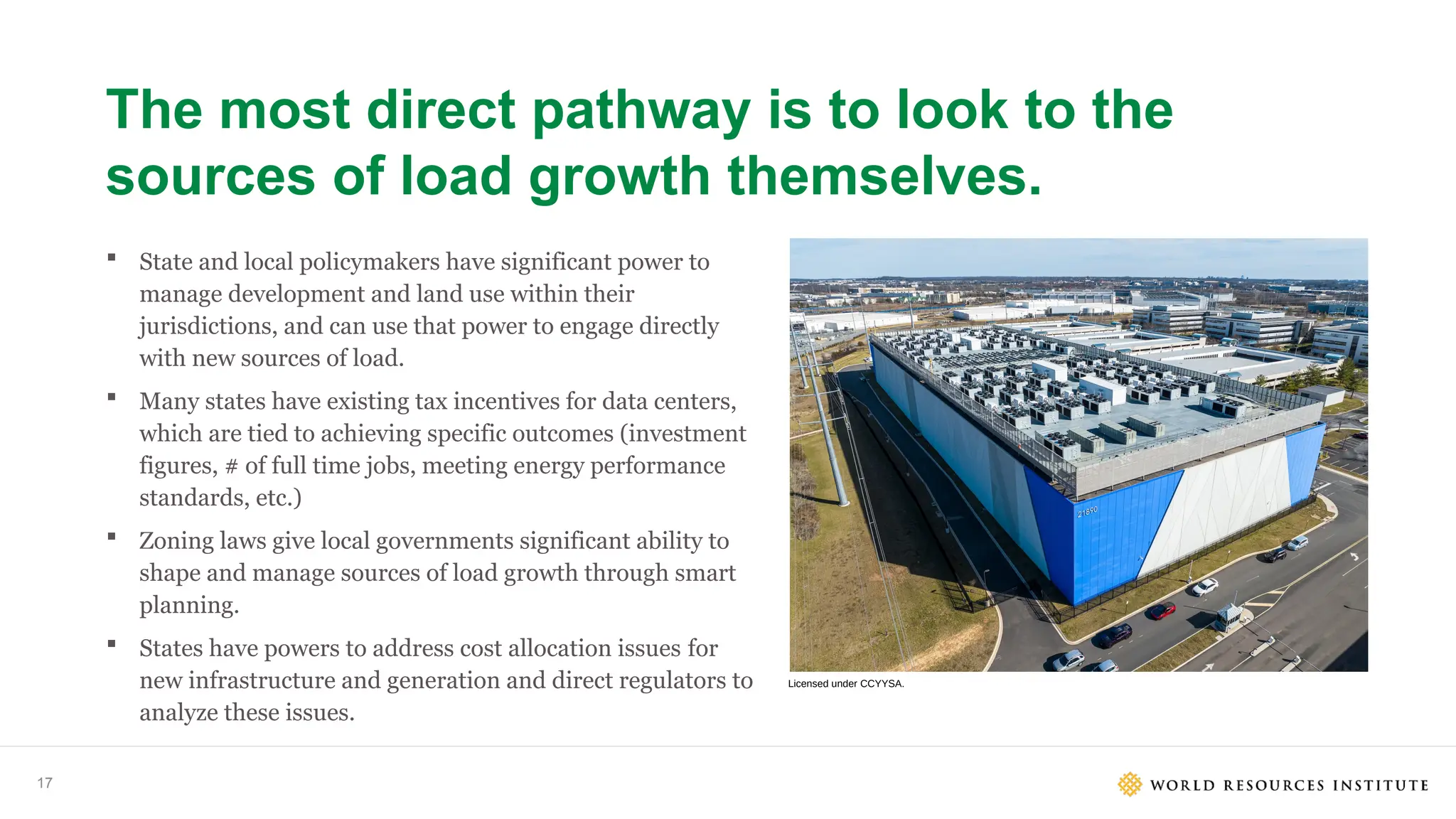 17
The most direct pathway is to look to the
sources of load growth themselves.
 State and local policymakers have significant power to
manage development and land use within their
jurisdictions, and can use that power to engage directly
with new sources of load.
 Many states have existing tax incentives for data centers,
which are tied to achieving specific outcomes (investment
figures, # of full time jobs, meeting energy performance
standards, etc.)
 Zoning laws give local governments significant ability to
shape and manage sources of load growth through smart
planning.
 States have powers to address cost allocation issues for
new infrastructure and generation and direct regulators to
analyze these issues.
Licensed under CCYYSA.
 