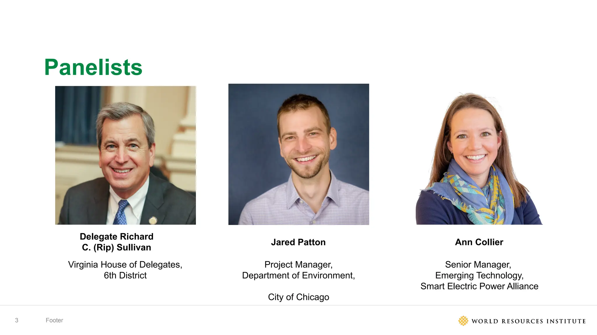 Footer
3
Panelists
Delegate Richard
C. (Rip) Sullivan
Jared Patton
Virginia House of Delegates,
6th District
Project Manager,
Department of Environment,
City of Chicago
Senior Manager,
Emerging Technology,
Smart Electric Power Alliance
Ann Collier
 