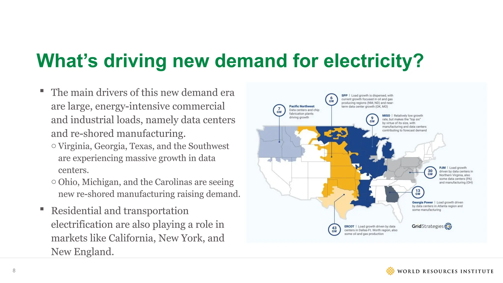 What’s driving new demand for electricity?
8
 The main drivers of this new demand era
are large, energy-intensive commercial
and industrial loads, namely data centers
and re-shored manufacturing.
o Virginia, Georgia, Texas, and the Southwest
are experiencing massive growth in data
centers.
o Ohio, Michigan, and the Carolinas are seeing
new re-shored manufacturing raising demand.
 Residential and transportation
electrification are also playing a role in
markets like California, New York, and
New England.
 