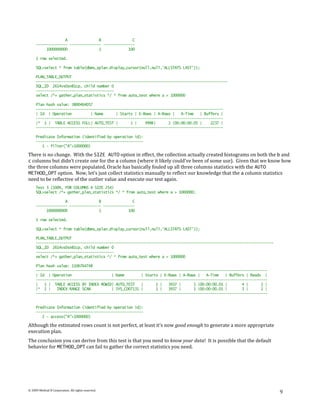 A               B               C
     --------------- --------------- ---------------
          1000000000               1             100

     1 row selected.

     SQL>select * from table(dbms_xplan.display_cursor(null,null,'ALLSTATS LAST'));

     PLAN_TABLE_OUTPUT
     -------------------------------------------------------------------------------------------
     SQL_ID 2614vs0sn81cp, child number 0
     -------------------------------------
     select /*+ gather_plan_statistics */ * from auto_test where a > 1000000

     Plan hash value: 3800464057
     -----------------------------------------------------------------------------------------
     | Id | Operation          | Name      | Starts | E-Rows | A-Rows |   A-Time   | Buffers |
     -----------------------------------------------------------------------------------------
     |* 1 | TABLE ACCESS FULL| AUTO_TEST |        1 |    999K|      1 |00:00:00.05 |    2237 |
     -----------------------------------------------------------------------------------------

     Predicate Information (identified by operation id):
     ---------------------------------------------------
        1 - filter("A">1000000)

There is no change. With the SIZE AUTO option in effect, the collection actually created histograms on both the b and
c columns but didn’t create one for the a column (where it likely could've been of some use). Given that we know how
the three columns were populated, Oracle has basically fouled up all three columns statistics with the AUTO
METHOD_OPT option. Now, let’s just collect statistics manually to reflect our knowledge that the a column statistics
need to be reflective of the outlier value and execute our test again.
     Test 3 (100%, FOR COLUMNS A SIZE 254)
     SQL>select /*+ gather_plan_statistics */ * from auto_test where a > 1000000;

                   A               B               C
     --------------- --------------- ---------------
          1000000000               1             100

     1 row selected.

     SQL>select * from table(dbms_xplan.display_cursor(null,null,'ALLSTATS LAST'));

     PLAN_TABLE_OUTPUT
     -----------------------------------------------------------------------------------------------------------------
     SQL_ID 2614vs0sn81cp, child number 0
     -------------------------------------
     select /*+ gather_plan_statistics */ * from auto_test where a > 1000000

     Plan hash value: 1106764748
     --------------------------------------------------------------------------------------------------------------
     | Id | Operation                    | Name        | Starts | E-Rows | A-Rows |   A-Time   | Buffers | Reads |
     --------------------------------------------------------------------------------------------------------------
     |   1 | TABLE ACCESS BY INDEX ROWID| AUTO_TEST    |      1 |   3937 |      1 |00:00:00.01 |       4 |      2 |
     |* 2 |    INDEX RANGE SCAN          | SYS_C007131 |      1 |   3937 |      1 |00:00:00.01 |       3 |      2 |
     --------------------------------------------------------------------------------------------------------------


     Predicate Information (identified by operation id):
     ---------------------------------------------------
        2 - access("A">1000000)

Although the estimated rows count is not perfect, at least it’s now good enough to generate a more appropriate
execution plan.
The conclusion you can derive from this test is that you need to know your data! It is possible that the default
behavior for METHOD_OPT can fail to gather the correct statistics you need.




© 2009 Method R Corporation. All rights reserved.
                                                                                                                         9
 