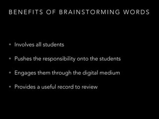 B E N E F I T S O F A B A C K C H A N N E L
• Enables student participation
• Sharing of links to digital materials
• Reinforces task setting
• Enables student sharing and collaboration
• Develops written communication skills
Read more: http://nikpeachey.blogspot.co.uk/2015/09/managing-digital-classroom-using.html
 