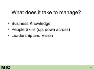 What does it take to manage?  Business Knowledge People Skills (up, down across) Leadership and Vision 