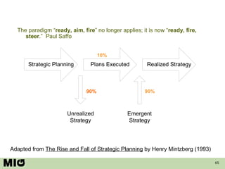 Adapted from  The Rise and Fall of Strategic Planning  by Henry Mintzberg (1993) 10% 90% 90% The paradigm “ ready, aim, fire ” no longer applies; it is now “ ready, fire, steer .”  Paul Saffo 